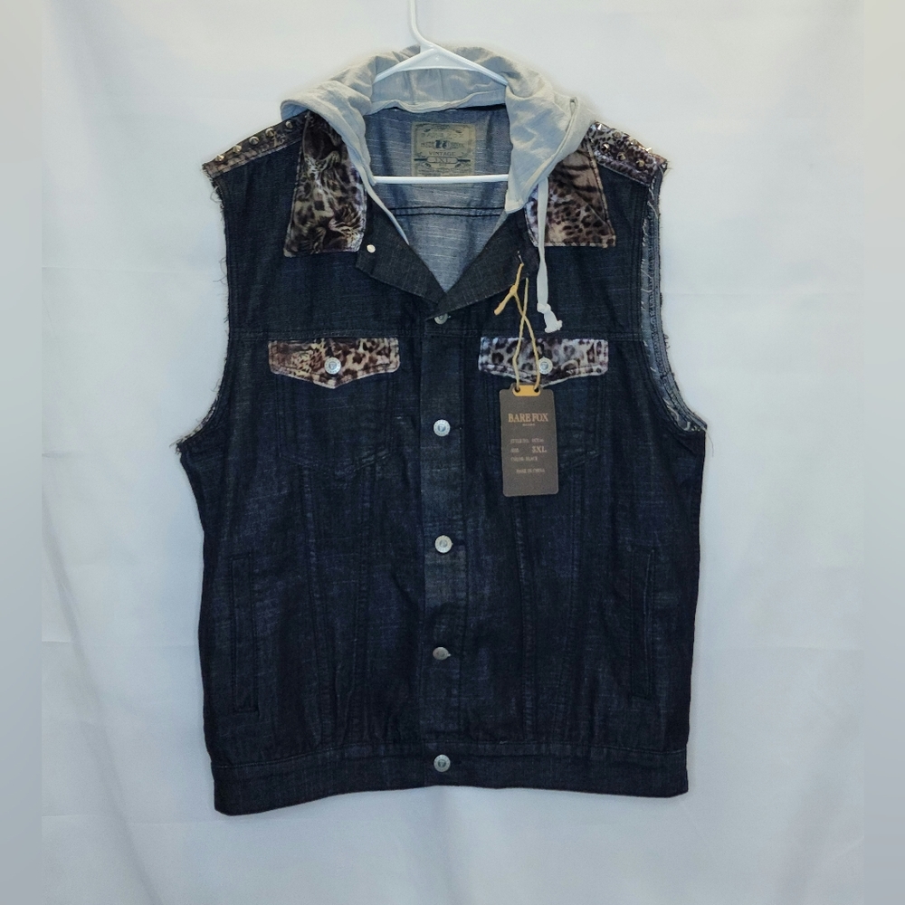 NWT Vintage BareFox Men's Darkwash Denim Vest Size 3XL Animal print Accent.